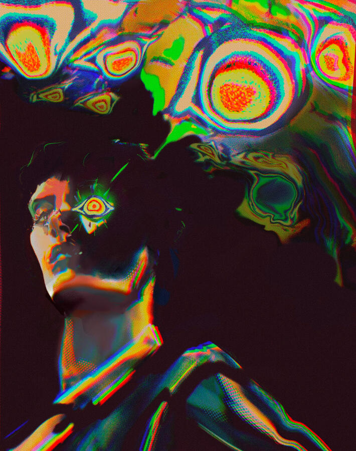 A chest up picture of a man. Part of his face fades to the dark background, and one of his eyes has an eye symbol drawn over it. Behind him is a cloud of technicolor eyes