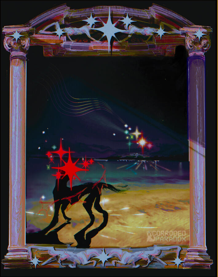 A blag dog-like figure with a red star head overlooks the ocean. In the distance there is a cluster of shooting stars. The work is adorned with marble columns