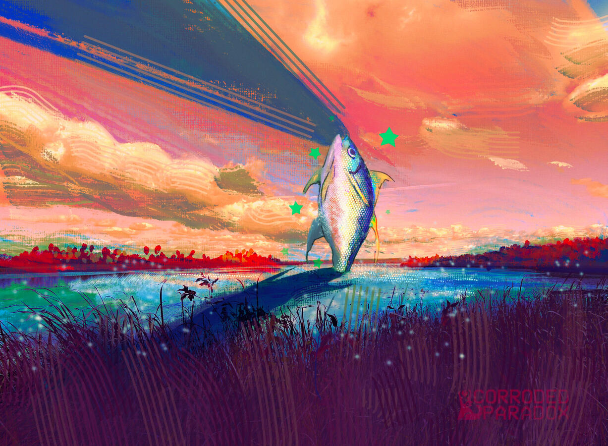 A skyscraper sized tuna standing upright in the water. It is projecting a large overcast shadow