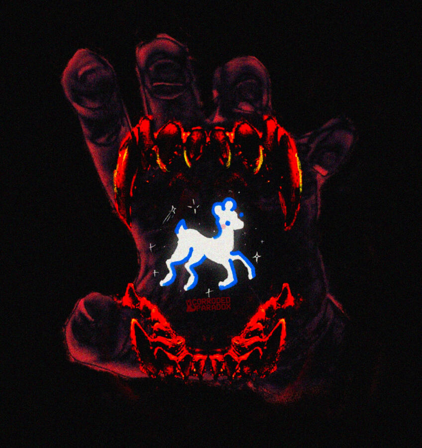 A small white lamb sits in between two red jaws. Above the jaws is a hand curling into a fist